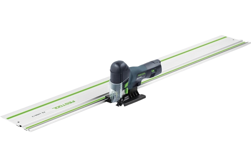 Festool Carvex jigsaw with guide rail for precise straight cuts in woodworking and home improvement projects