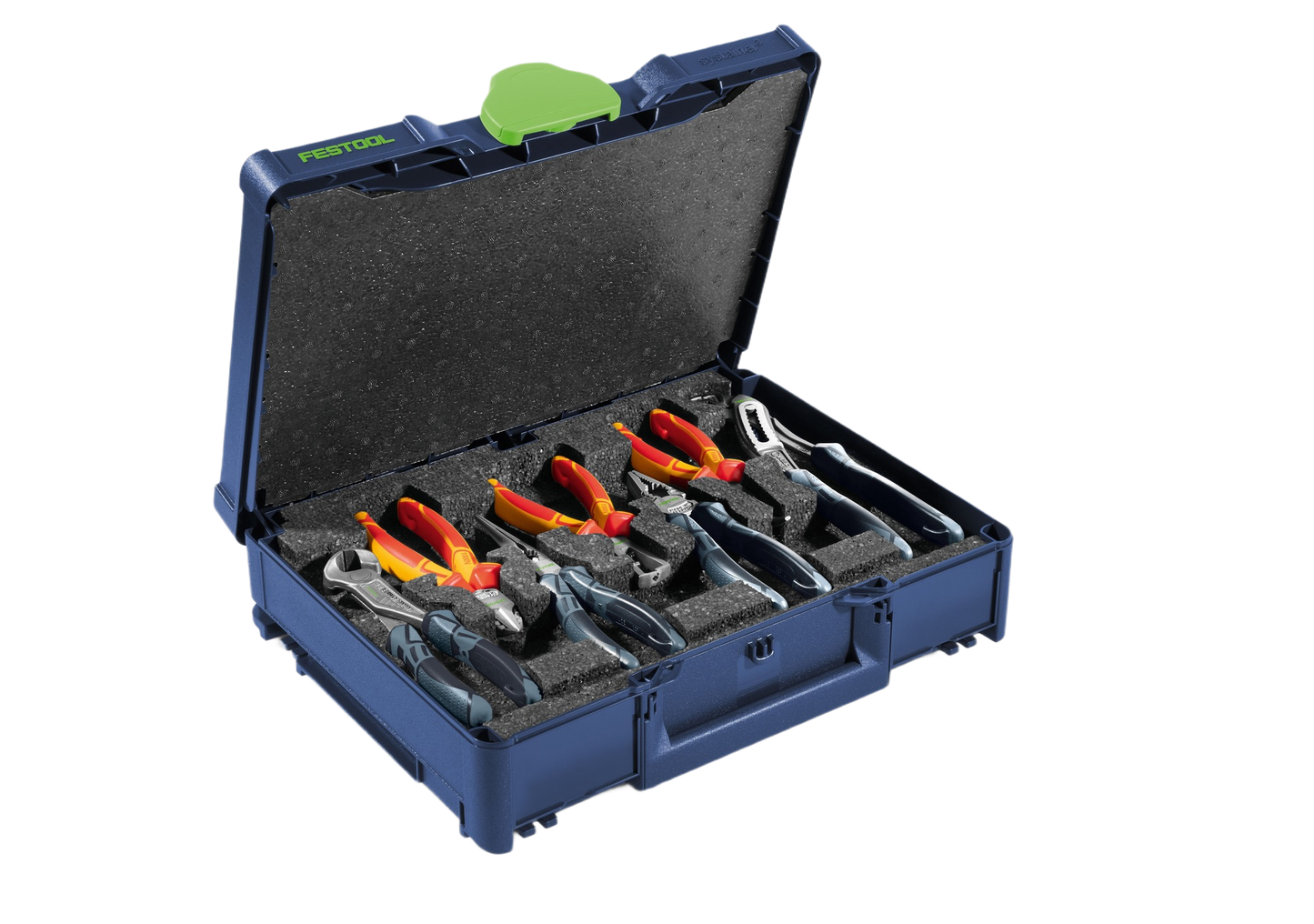 Open blue storage case with foam insert holding pliers with orange and black handles for home improvement tasks