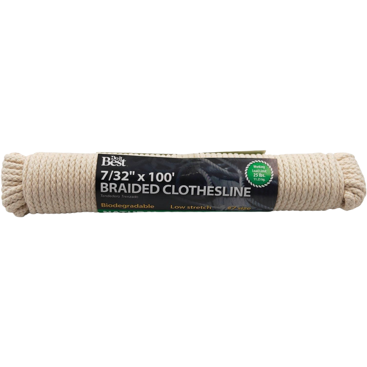 Natural beige braided clothesline measuring 100 feet with durable low-stretch design for home improvement use