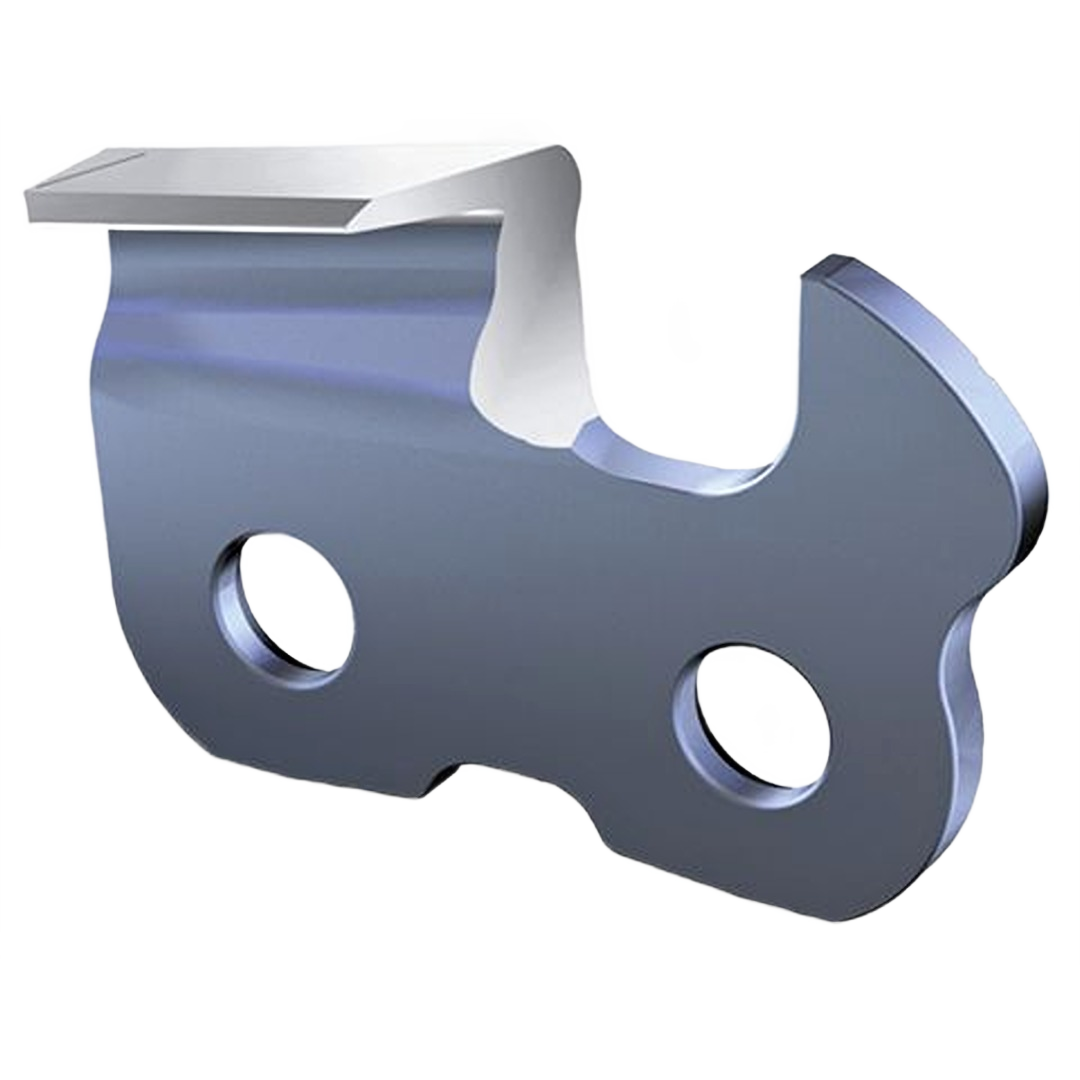 Close-up of a silver semi-chisel cutter chain link for STIHL chainsaw in the saw accessories and power tool collection