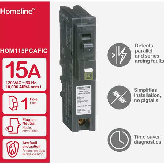 Single-pole 15A combination arc fault breaker with plug-on neutral for home and tool safety improvements