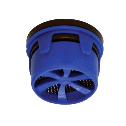 Blue small faucet aerator insert designed for water conservation in plumbing repair and faucet parts collections