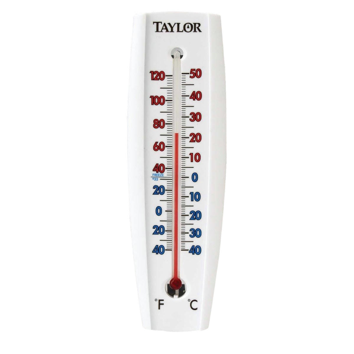 White aluminum indoor and outdoor thermometer with blue and red temperature markings from Weather Stations collection
