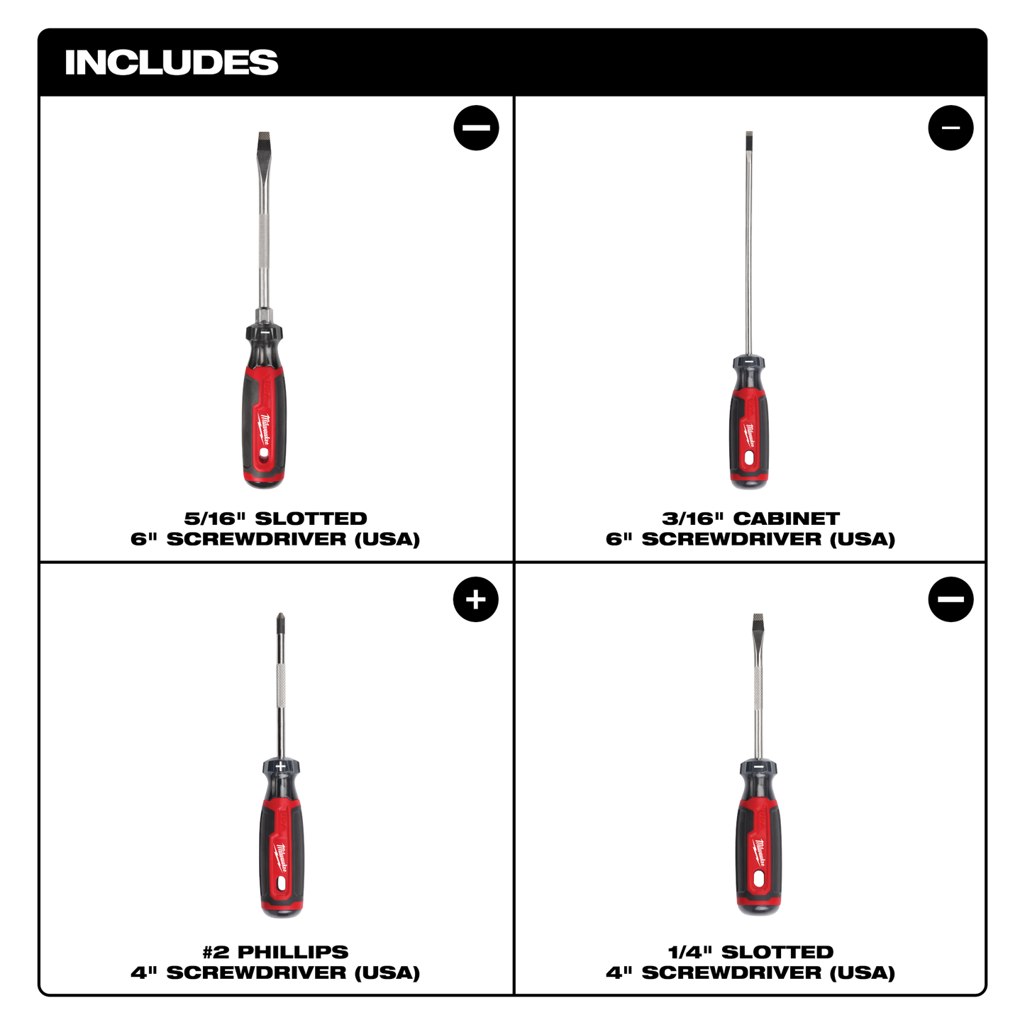 Set of four red and black cushion grip screwdrivers with slotted and Phillips tips for tools and home improvement tasks