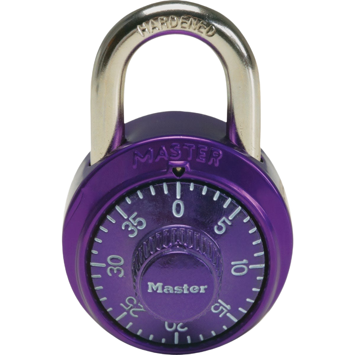 Purple combination lock with hardened steel shackle, designed for secure fastening in hardware and locks collections under $50.