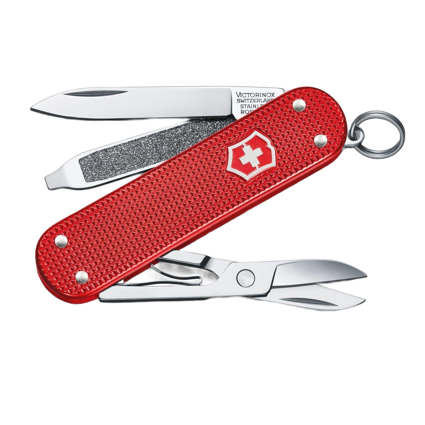 Compact red multitool pocket knife with small blade, scissors, and nail file for cutting and woodworking tasks under $50 collections