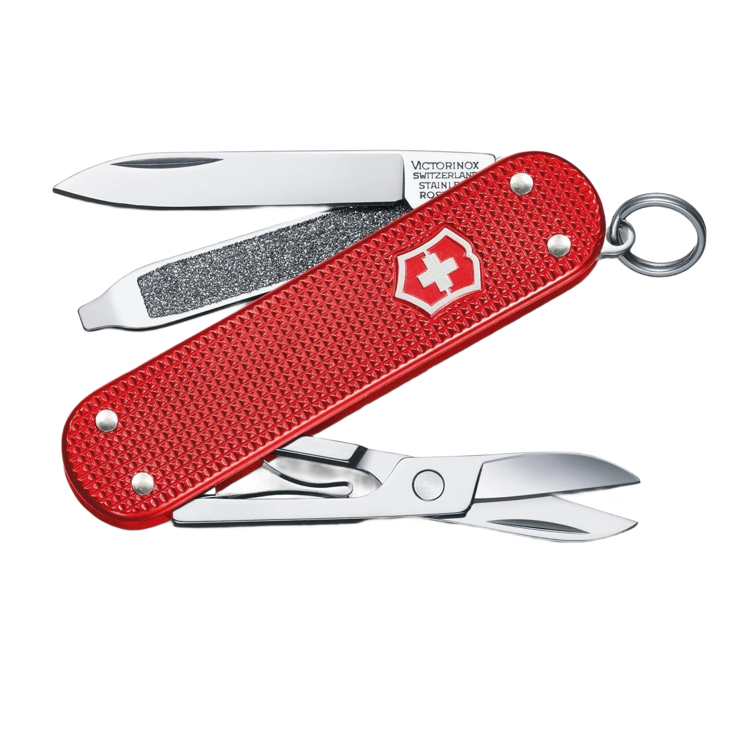 Compact red multitool pocket knife with small blade, scissors, and nail file for cutting and woodworking tasks under $50 collections