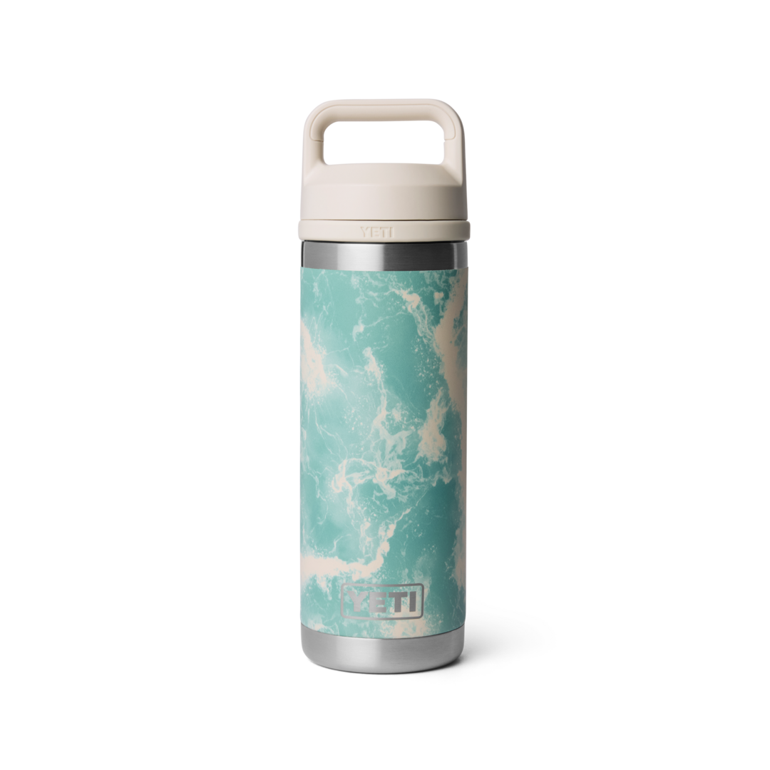 Stainless steel insulated bottle with turquoise wave pattern and beige chug cap in drinkware and kitchenware collections