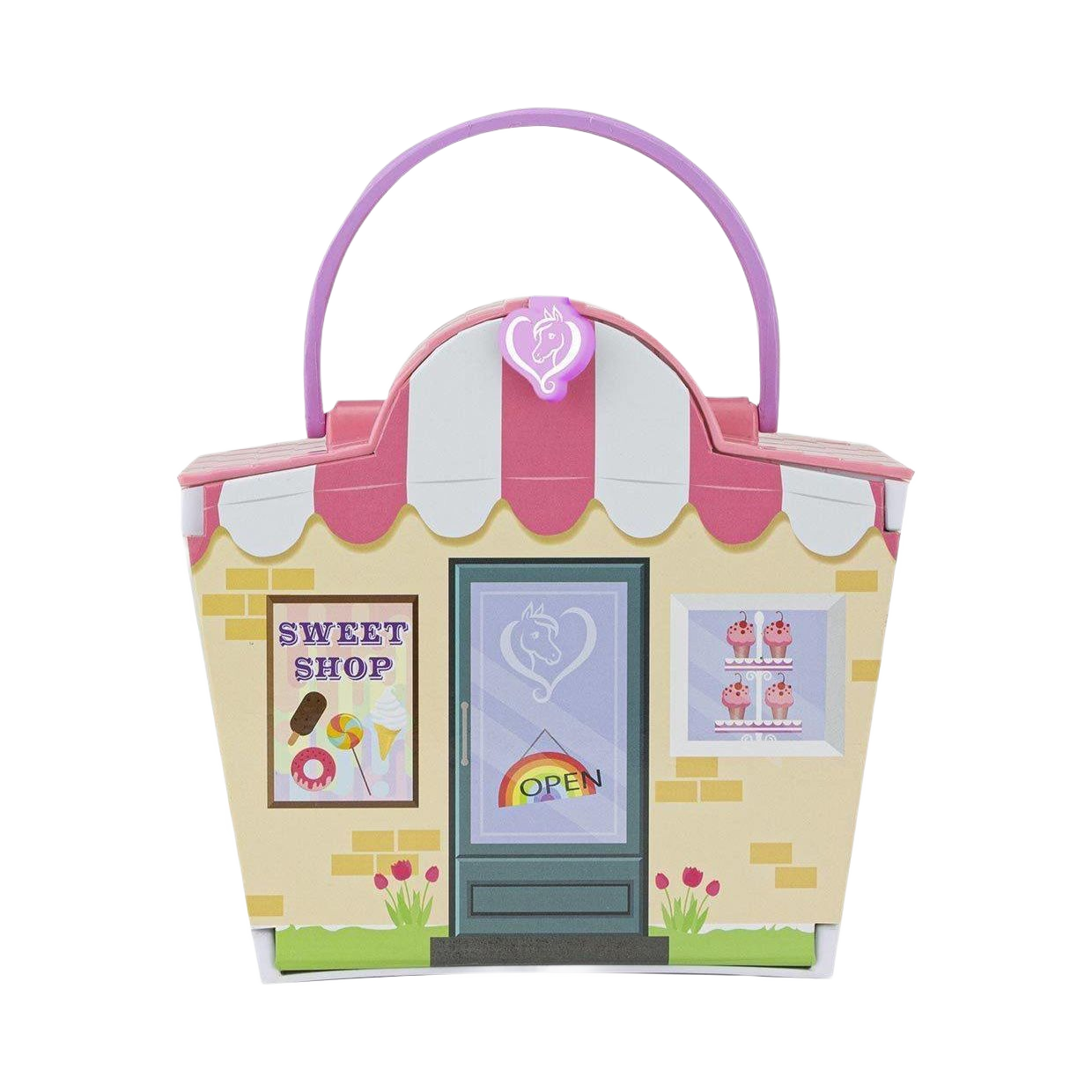 Pink and white striped toy sweet shop container with a handle and colorful candy-themed window decals