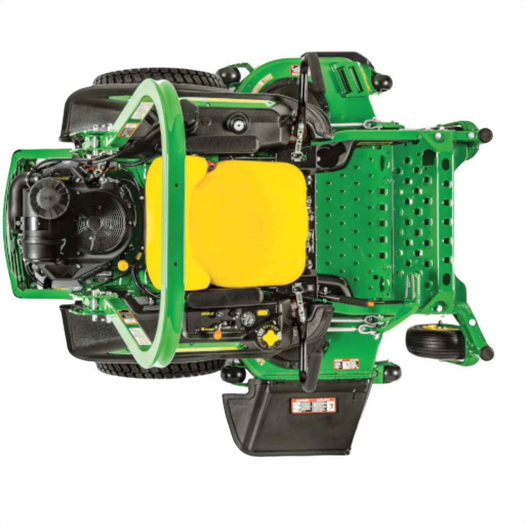 Overhead view of green and yellow zero-turn mower designed for commercial lawn and garden maintenance tasks