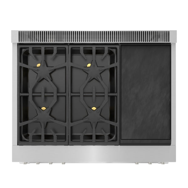stainless steel professional range top with four gas burners and large black griddle plate for cooking flexibility
