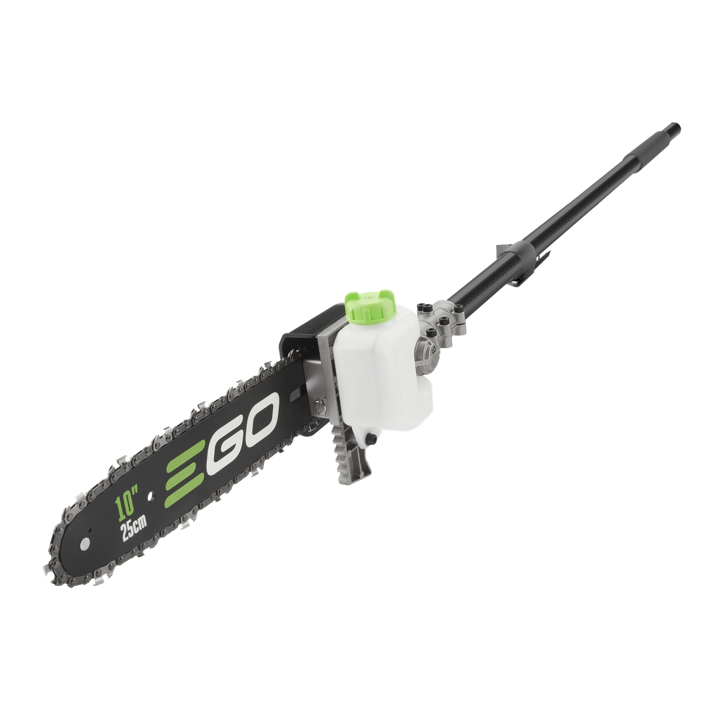 10-inch carbon fiber pole saw attachment with lightweight design for outdoor power equipment and tree trimming tools.