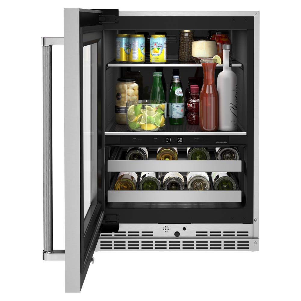 24" undercounter beverage center with glass door, metal-front racks, dual temperature zones, stocked with drinks and glassware