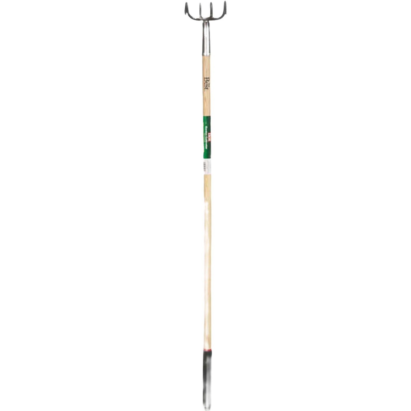 Garden hand cultivator with wood handle and metal tines for soil mixing and weed removal in outdoor tool use