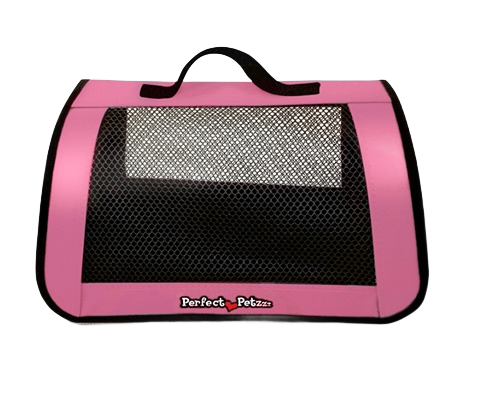 Pink pet carrier tote with black mesh ventilation panels and top handle for easy transport of small pets