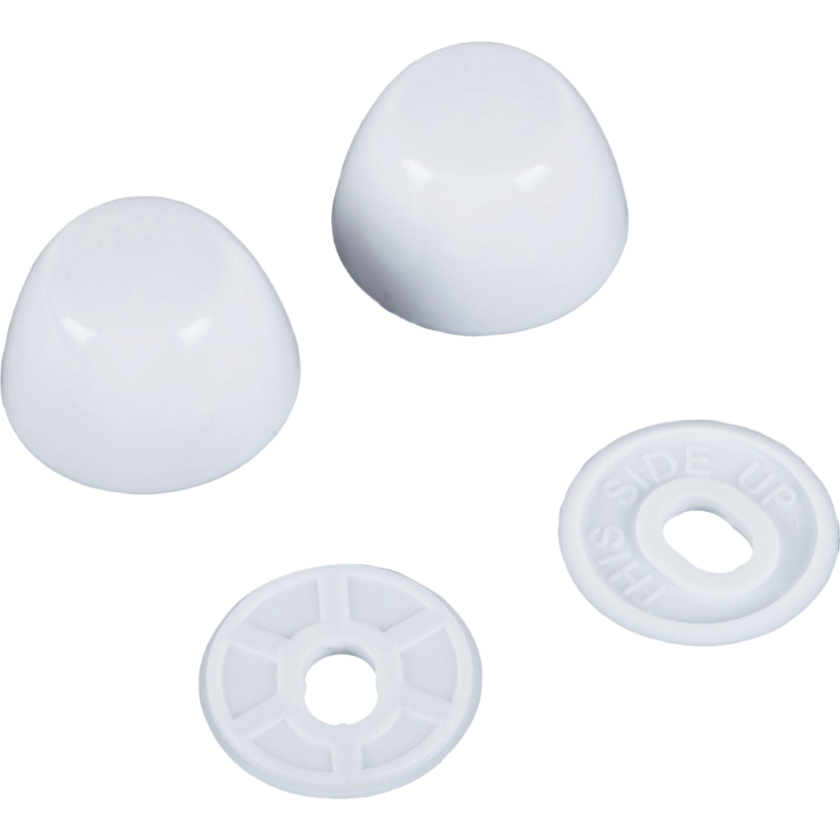 White plastic caps and washers designed to cover and protect toilet bolts for home improvement projects