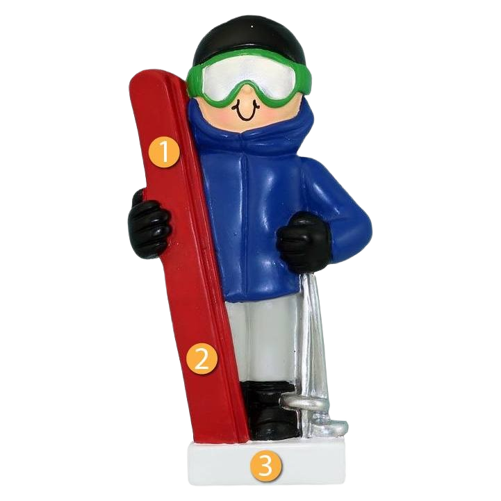 Male skier figure ornament wearing blue jacket and green goggles holding red skis for Christmas tree decor under $50 collection