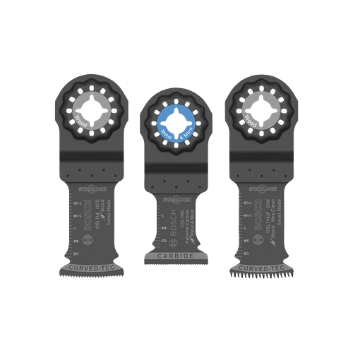 Set of three black Bosch oscillating multi-tool blades with curved teeth for wood and metal cutting in home improvement tasks