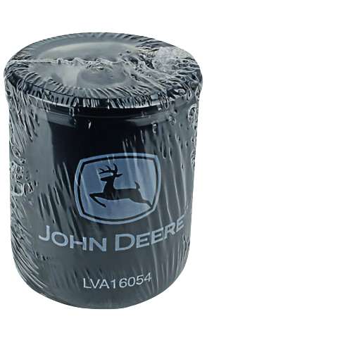 Black hydraulic oil filter with John Deere logo and model number wrapped in clear protective plastic for automotive and parts collections