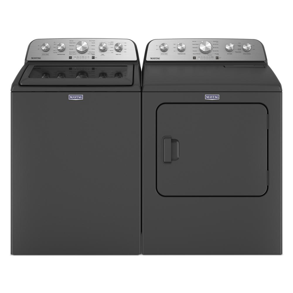 Front view of matching dark gray top load washer and electric dryer with stainless steel control panels in Washers & Dryers collection
