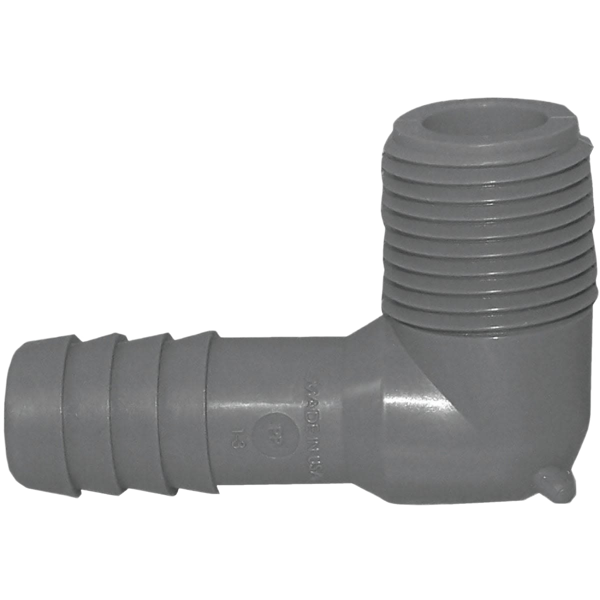 Gray polypropylene 90-degree male insert elbow fitting for plumbing and pipes and fittings category under $50
