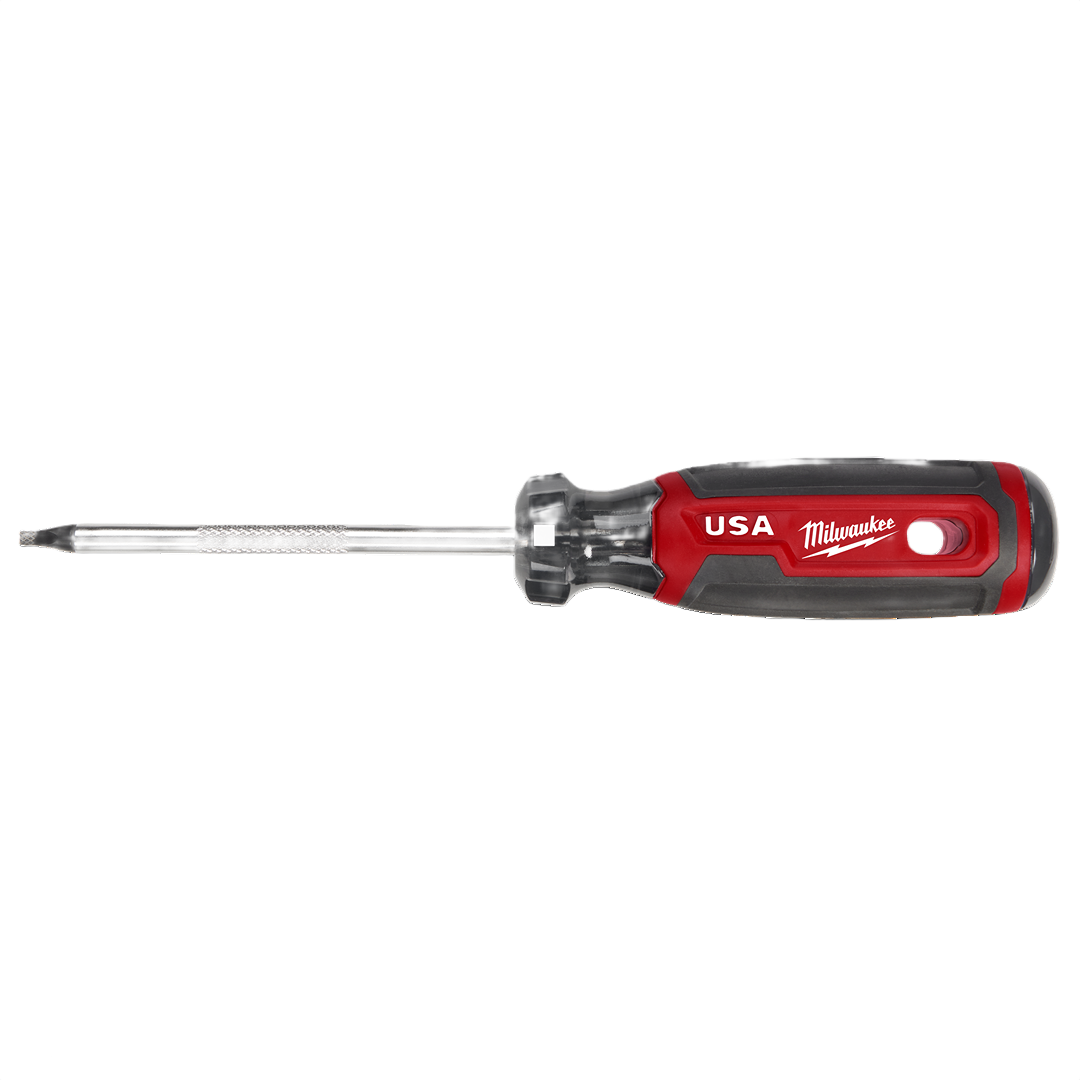 Red and black cushion grip screwdriver with a long metal shaft for tools and home improvement use