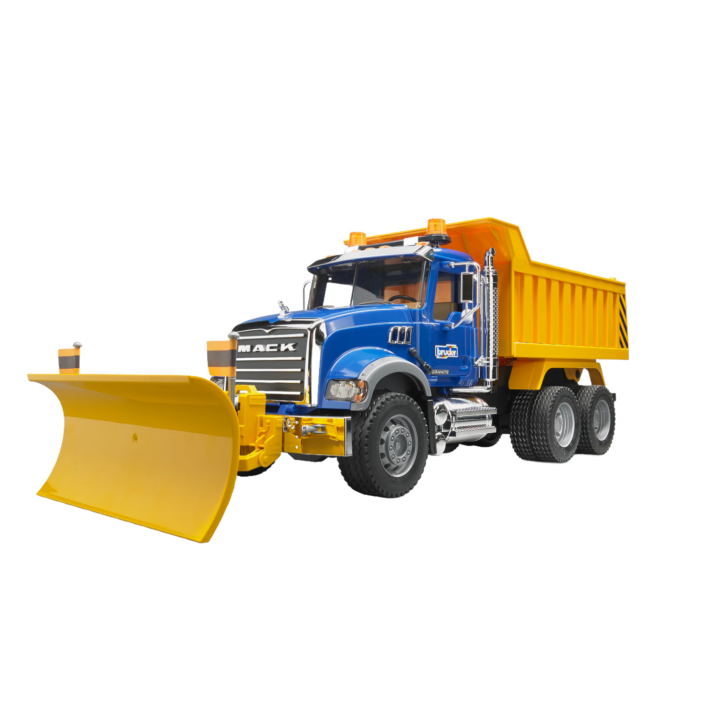 Blue and yellow 1:16 scale Mack Granite dump truck toy with detailed cabin and front plow from Vehicles & Remote Controlled Toys collection