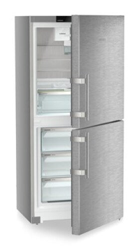 Freestanding stainless steel refrigerator with bottom freezer drawer and opened doors in kitchen appliances collection