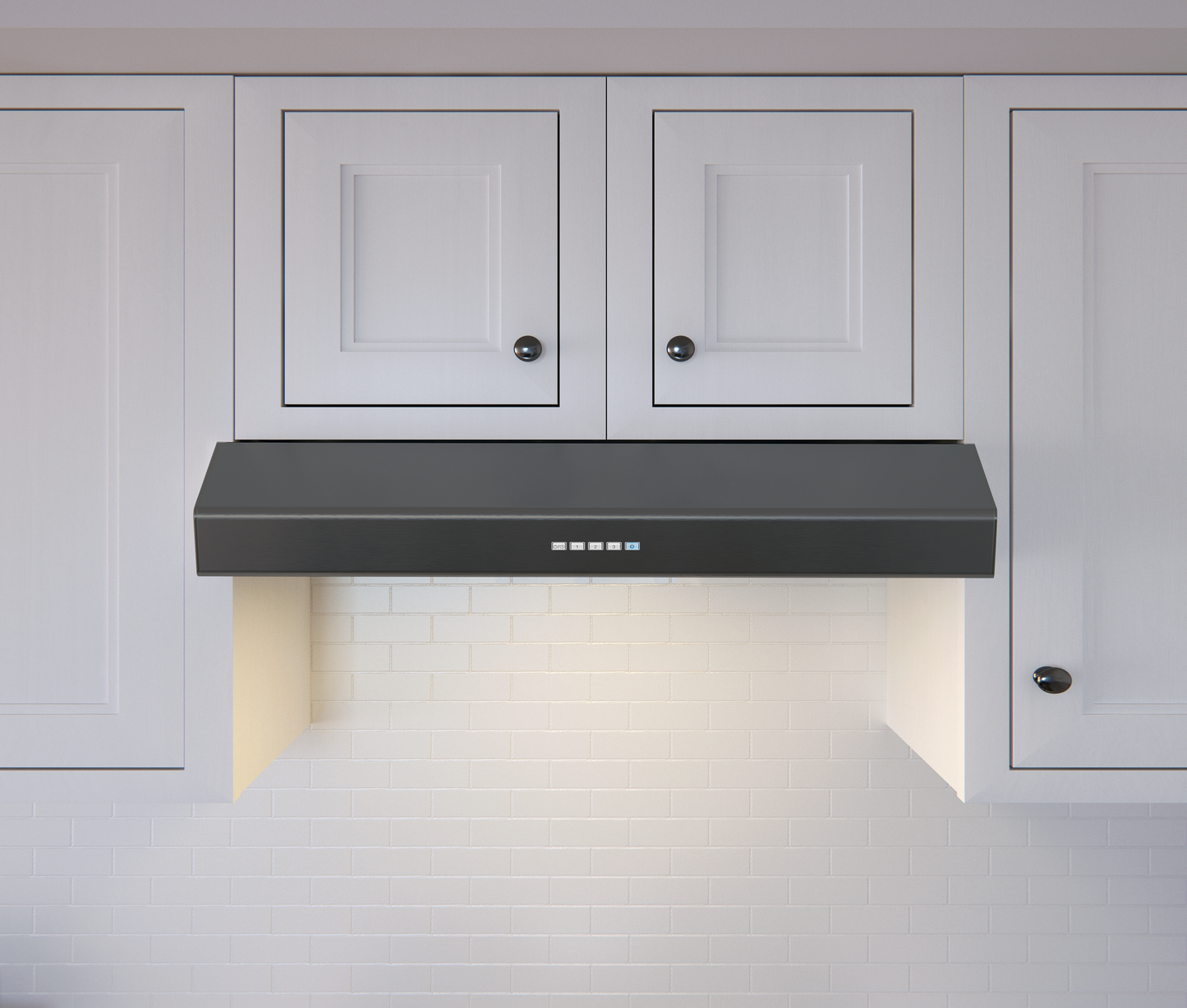 Under cabinet black stainless steel range hood with LED lighting installed above a white subway tile backsplash, part of Under Cabinet Range Hoods, Kitchen & Kitchenware, and Appliances collections.