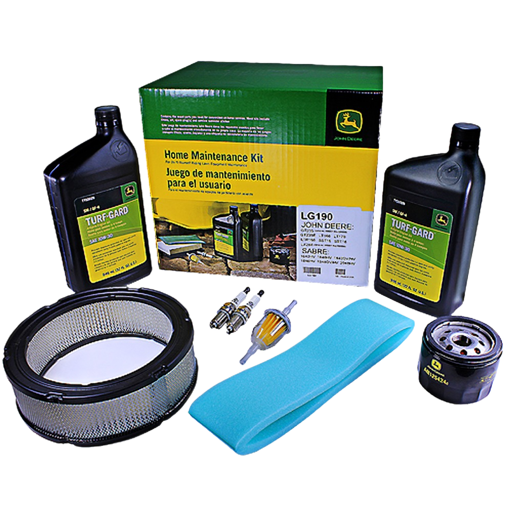 John Deere home maintenance kit with oil bottles, air filter, spark plugs, fuel filter, foam pre-filter, and oil filter for tools projects