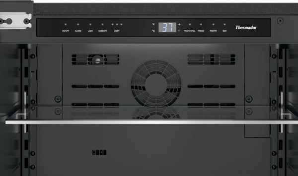 Black interior under-counter refrigerator with digital temperature control and glass shelf in Thermador Appliances collection