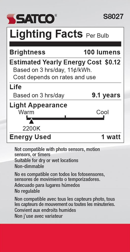 Energy facts label for Satco LED string light bulbs showing brightness, yearly cost, lifespan, and usage details in multiple languages