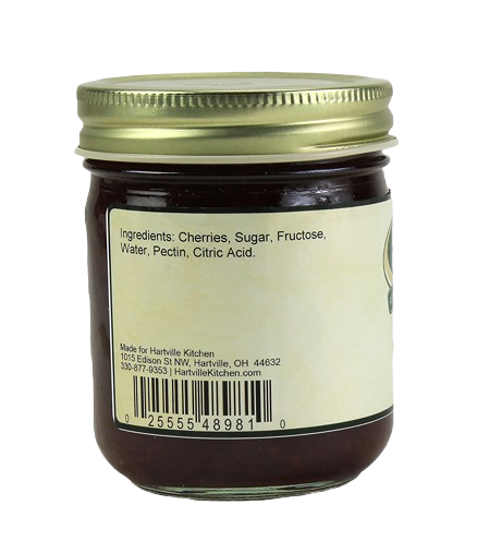 Back view of cherry jam jar showing ingredients list and barcode from Hartville Kitchen collection.