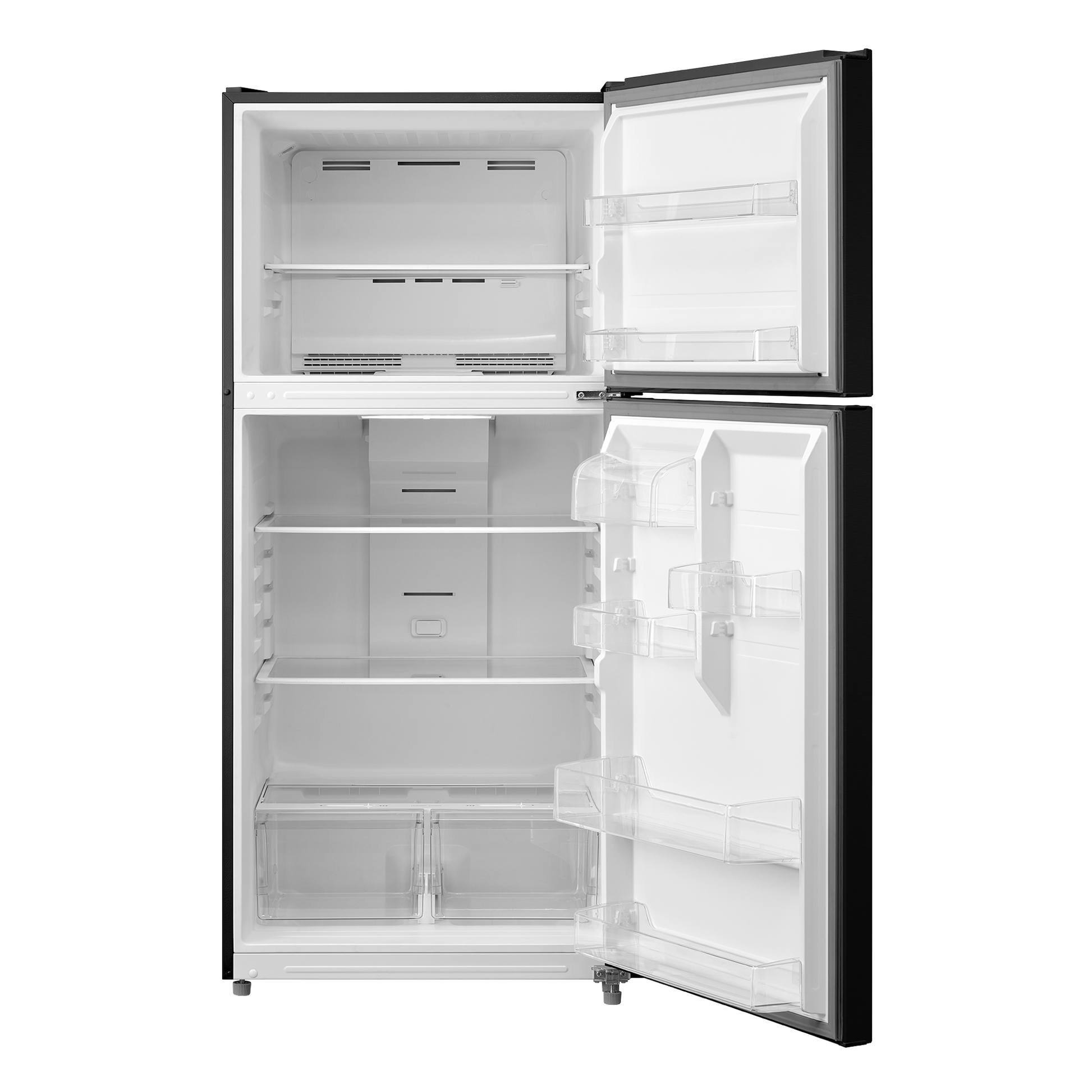 Black top freezer refrigerator with adjustable glass shelves, humidity-controlled crispers, and spacious door storage in appliances collection