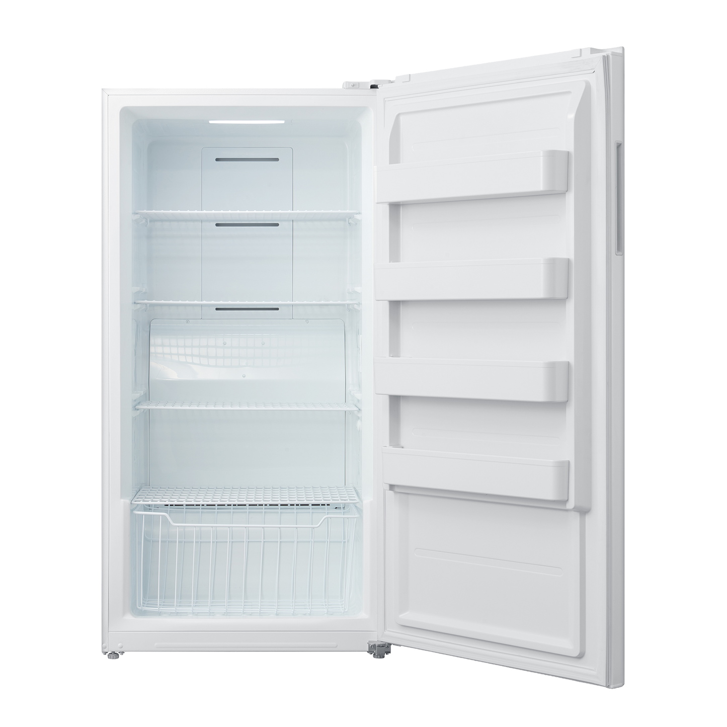 Open white upright freezer with multiple wire shelves and door storage compartments for kitchen appliances collection