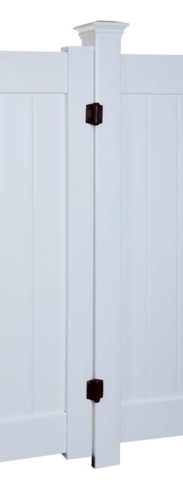 Black narrow spring hinges on white metal gate post for durable gate hardware in home improvement under $100