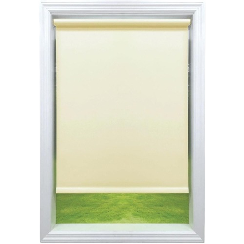Ivory vinyl roller shade partially covering window with outdoor grass view for home improvement projects