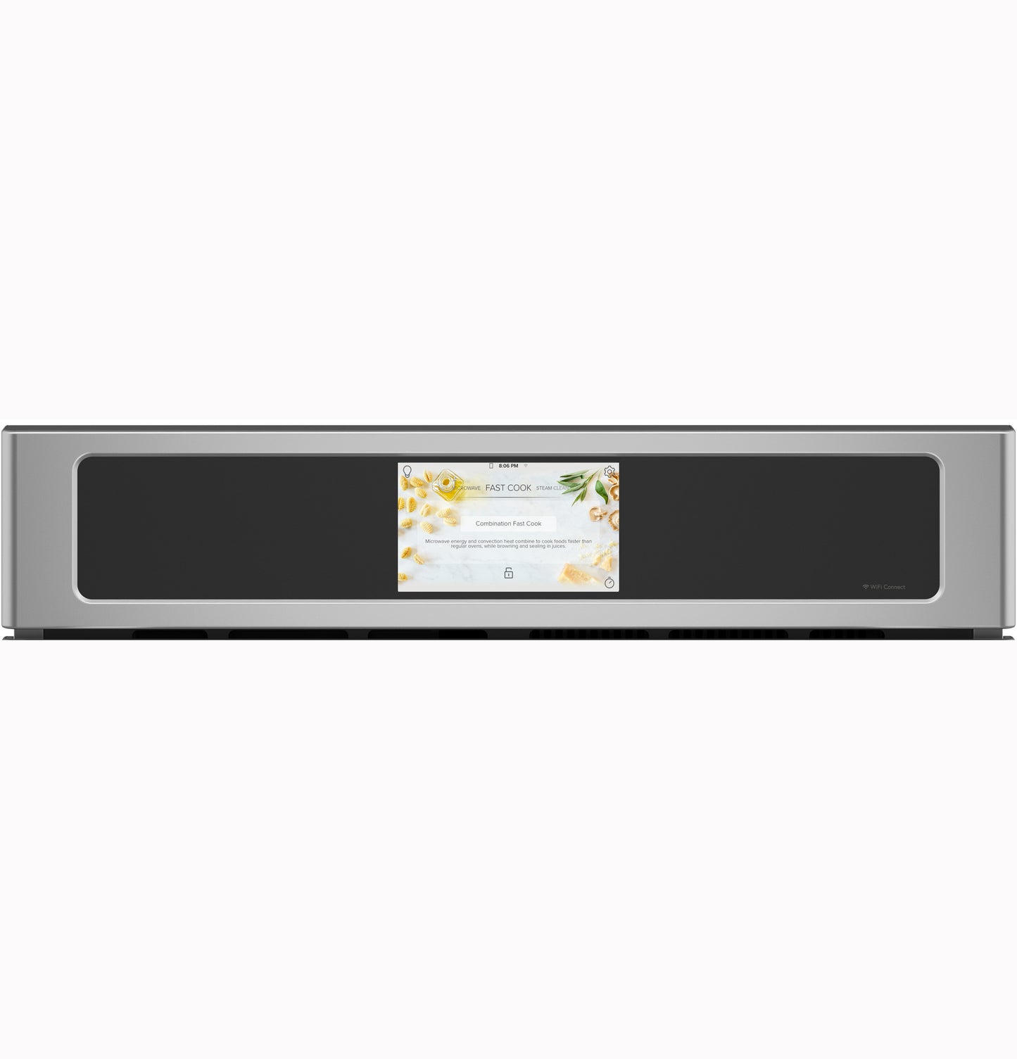 Stainless steel built-in microwave convection oven control panel with full-color touchscreen in kitchen appliances collection
