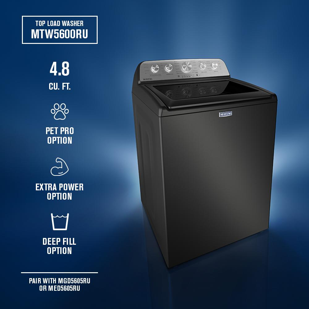 Black top load washer with control panel and features including pet hair removal, extra power, and deep fill options.