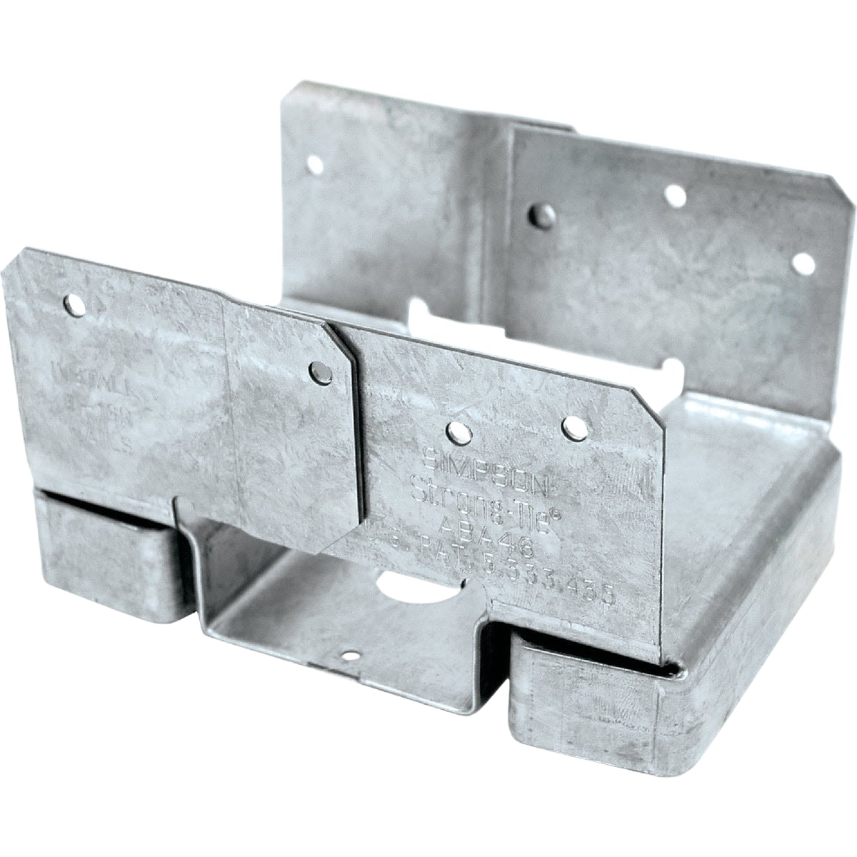Galvanized steel post base bracket designed for securing 4x6 posts to wood or concrete in construction projects