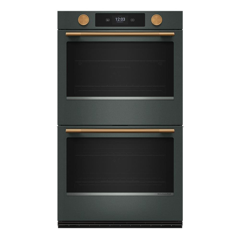 30-inch smart electric double wall oven in juniper finish with digital display, dual camera-enabled cooking compartments, and gold-tone handles, part of Double Wall Ovens, Wall Ovens, Kitchen & Kitchenware, All Products, KitchenAid, Appliances collections.
