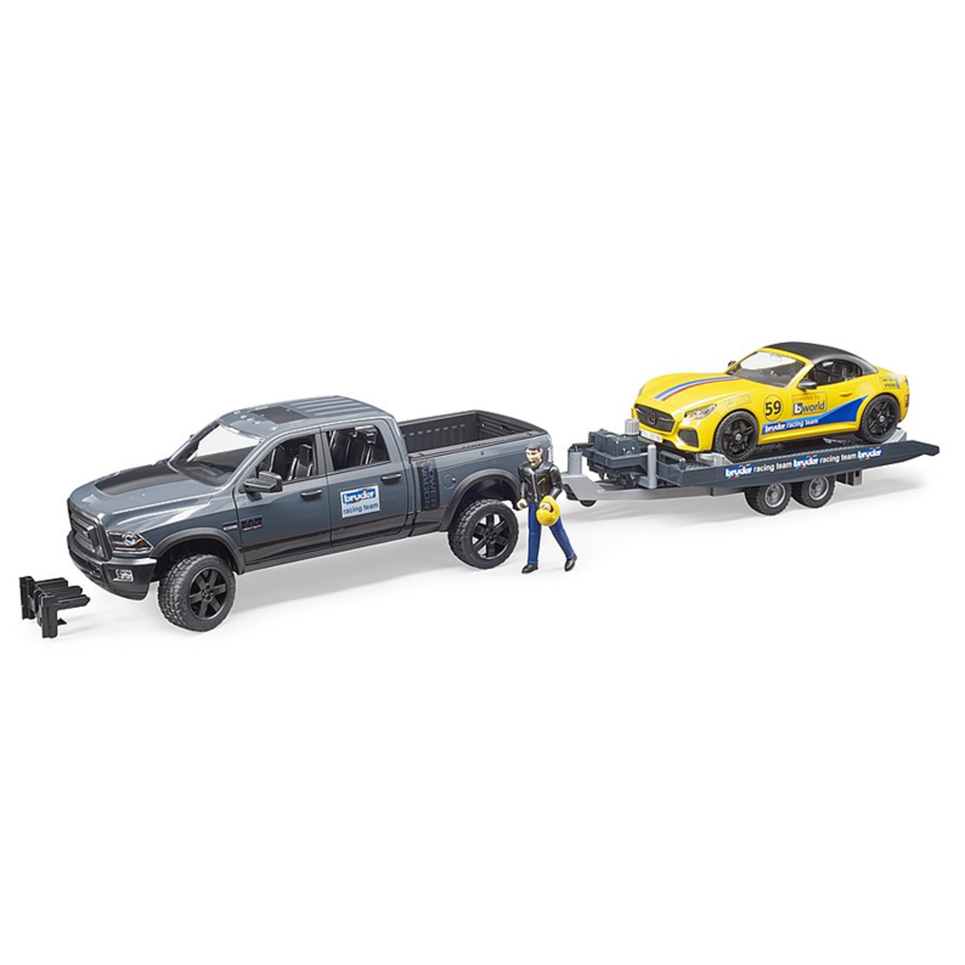 Gray toy pickup truck with driver figure towing yellow race car on flatbed trailer in Vehicles & Remote Controlled Toys collection