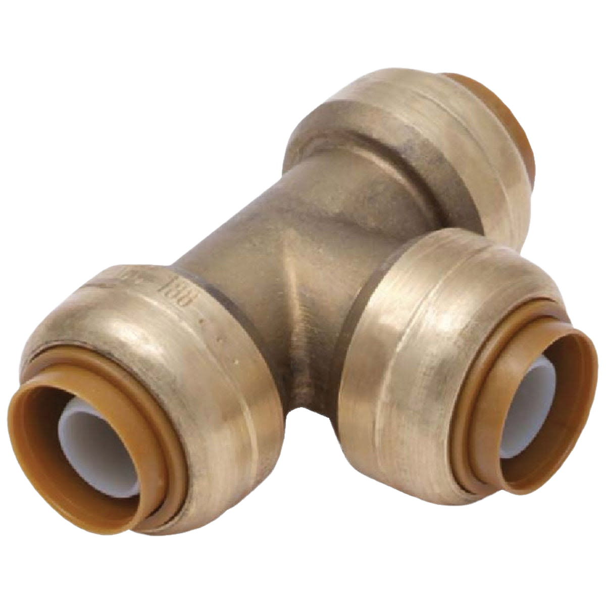Brass push-to-connect tee fitting designed for plumbing applications in pipes and fittings collection