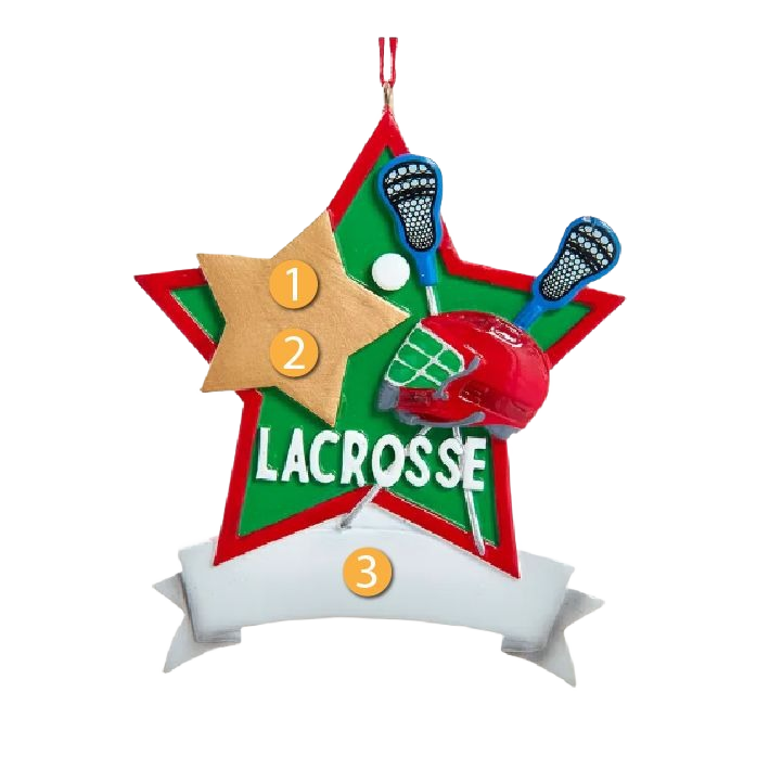 Star-shaped lacrosse ornament with red helmet, crossed sticks, green and red details, and a customizable banner area