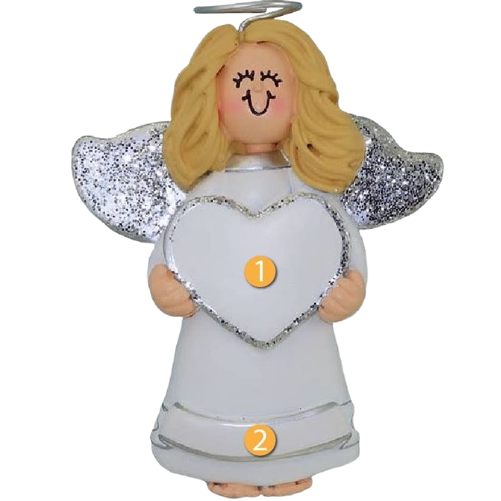 Blonde memorial angel ornament holding glittery heart with silver wings in Christmas Ornaments & Tree Decorations collection