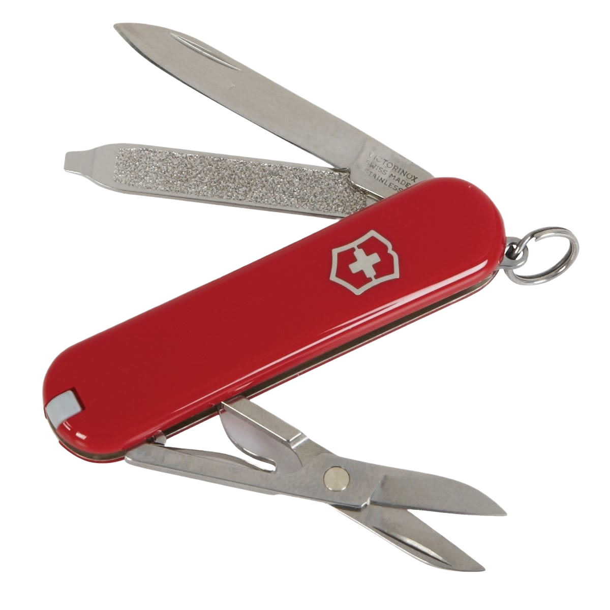 Compact red pocket knife with small blade, nail file, and scissors for cutting tools and multi-task use