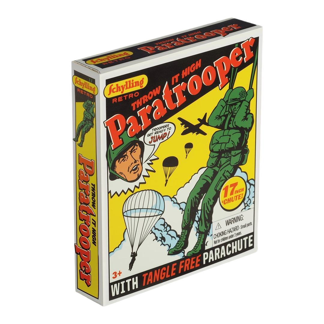 Retro-themed toy packaging featuring a soldier with a parachute for pretend play toys under $50 and under $25 collections
