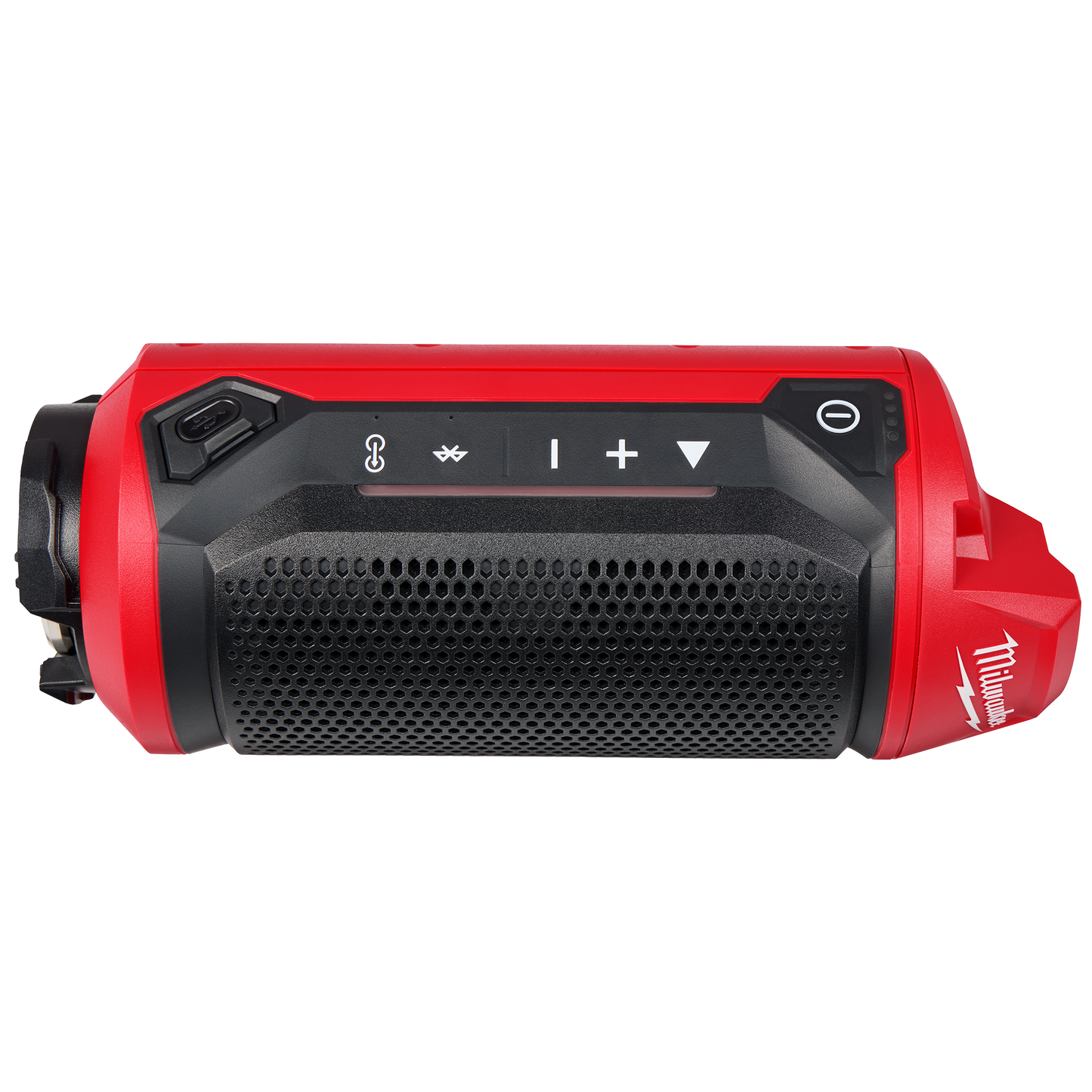 Red and black Milwaukee Bluetooth jobsite speaker with volume controls and PACKOUT system compatibility for tools and home use