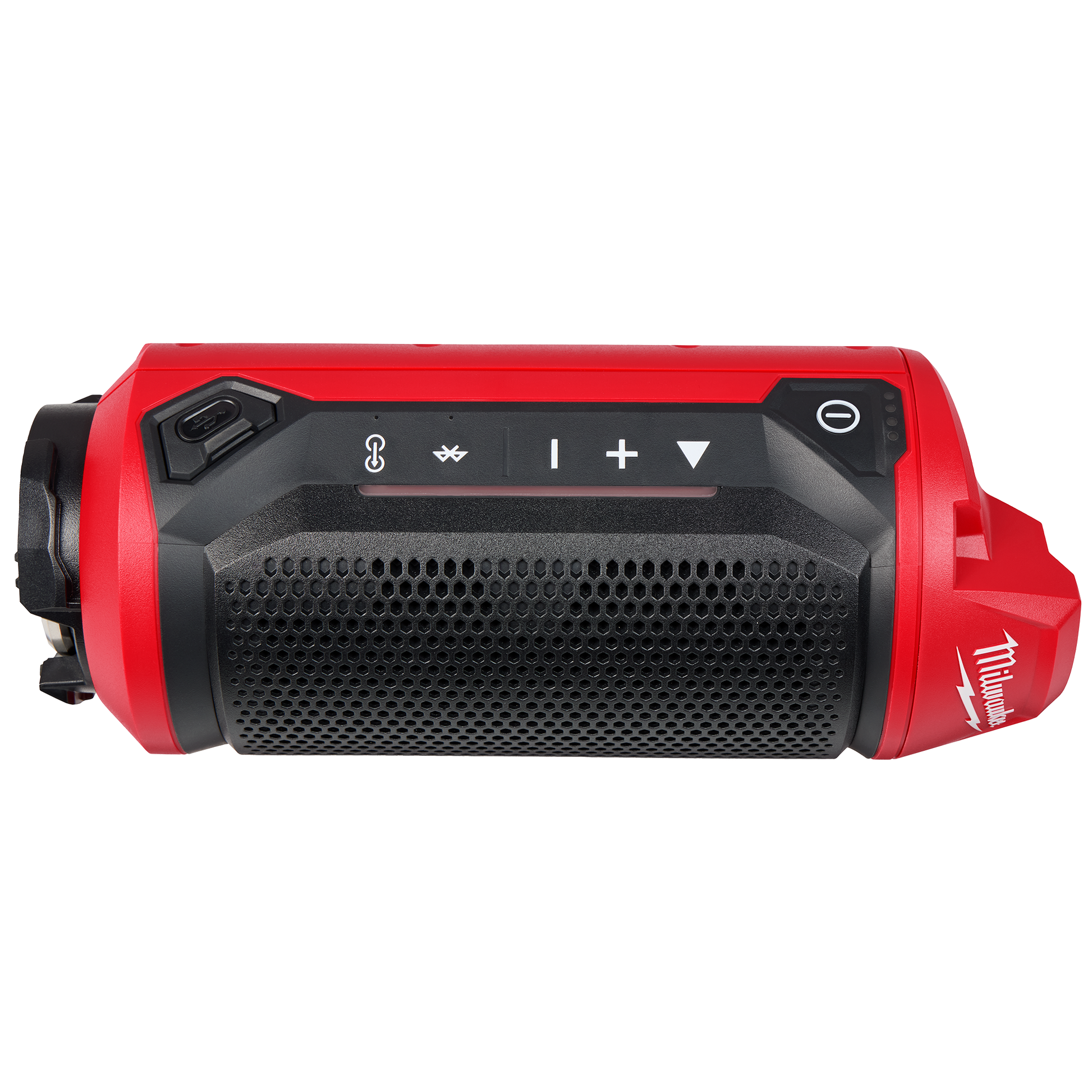 Red and black Milwaukee Bluetooth jobsite speaker with volume controls and PACKOUT system compatibility for tools and home use