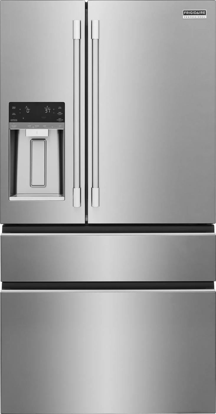Stainless steel 22 Cu. Ft. French door refrigerator with water and ice dispenser, digital control panel, and dual freezer drawers, in Refrigerators and Appliances collections.